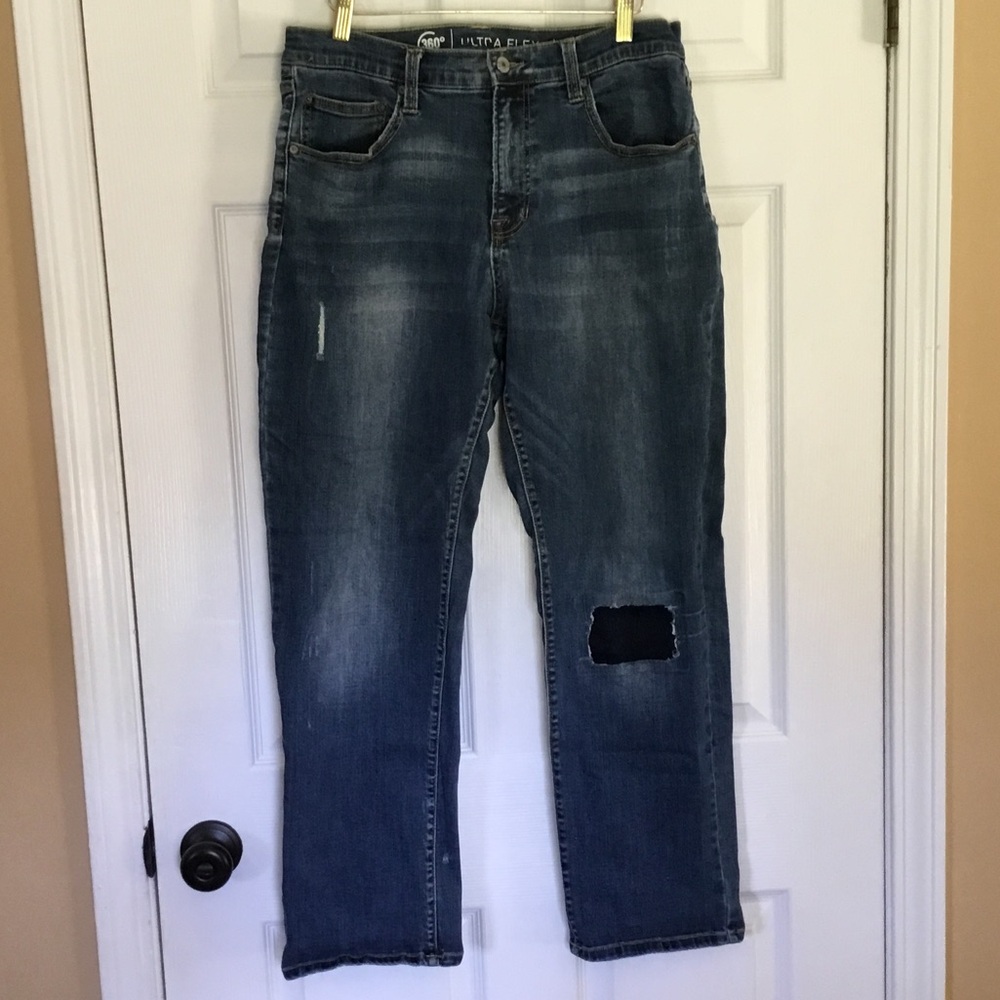 Y2K Arizona Jean Company Distressed Patched Medium Blue Straight Jeans